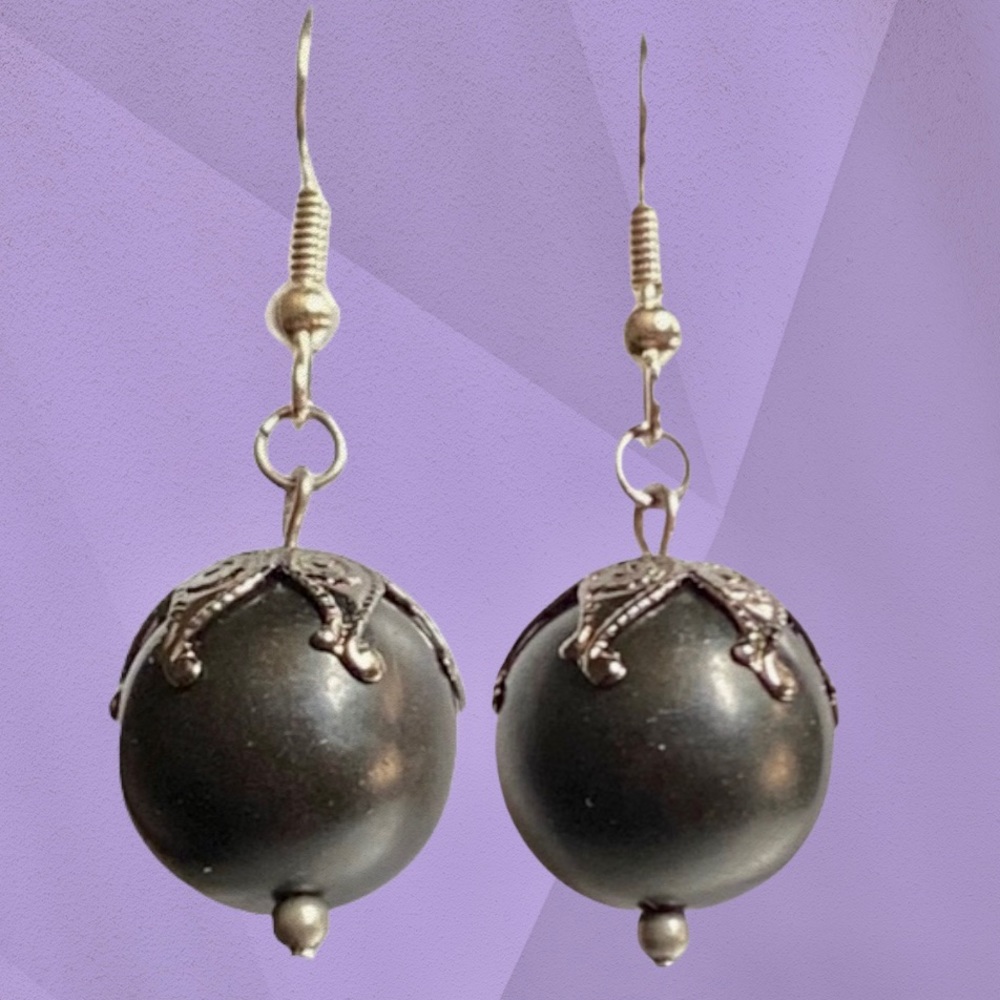 Hand Crafted Magnesite Earrings Black Dangle Stones Elegant Party Pierced - Picture 1 of 5